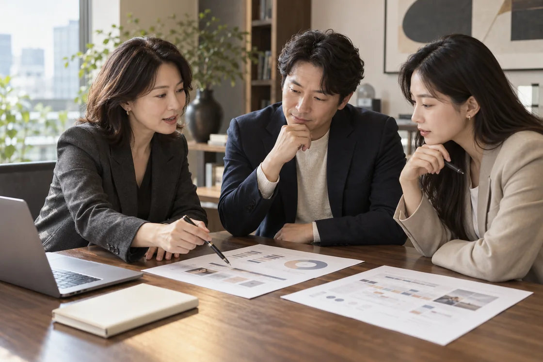 사업의 목표와 광고 운영 자료를 검토하는 전문 컨설팅 콘셉트 이미지