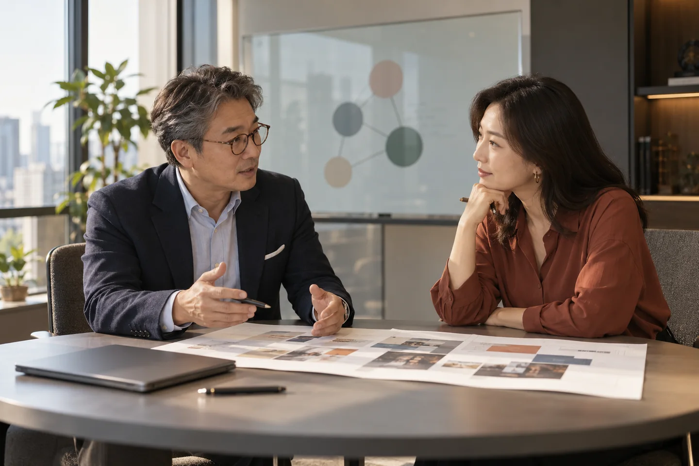 시니어 광고 컨설턴트와 사업자가 매체 전략을 논의하는 상담 콘셉트
