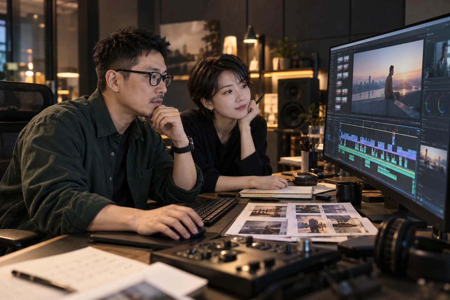영상 편집자와 디렉터가 모니터의 영상·편집 타임라인을 함께 검토하는 제작 콘셉트